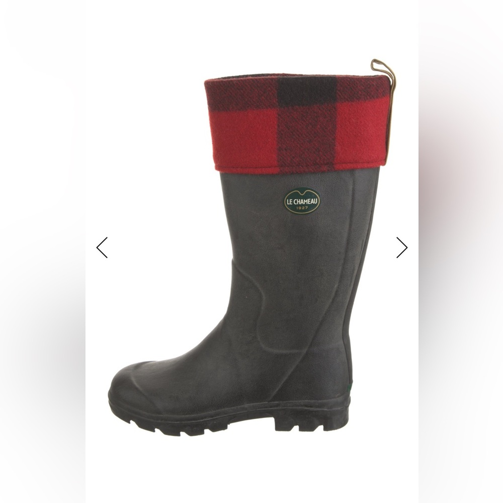 Le Chameau Black Rain Boots Red Plaid Wool